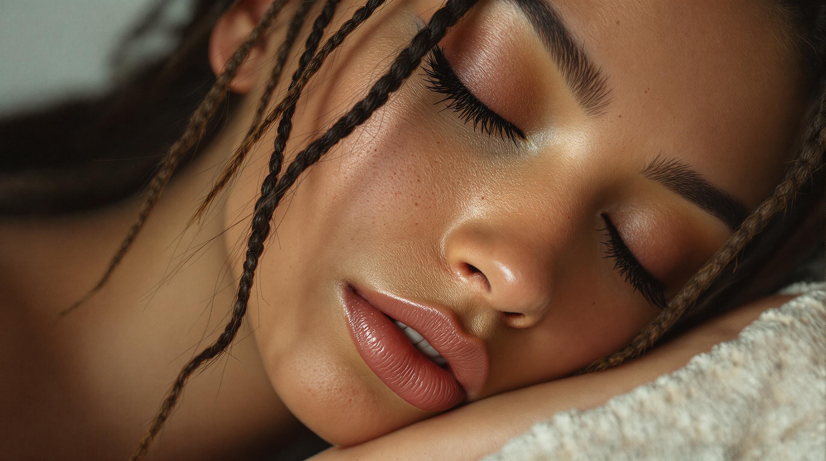 realistic photo of intimate, editorial close-up portrait of a woman resting her face against her hand. Her skin is warm and textured, with subtle freckles and natural highlights. Several thin braids fall loosely across her face, creating soft lines that frame her features and add movement to the stillness. Her expression is calm, introspective, and almost sleepy — eyes partially closed, lips softly parted. Use a macro lens with shallow depth of field to focus on the details of skin, hair, and emotion. The background is minimal and softly lit, enhancing the subject’s presence. Apply analog elements like visible grain, light blur, and muted tones to create a raw, tactile atmosphere. The image should feel vulnerable, modern, and editorial — a poetic portrait of quiet strength. Style, Fashion Photography