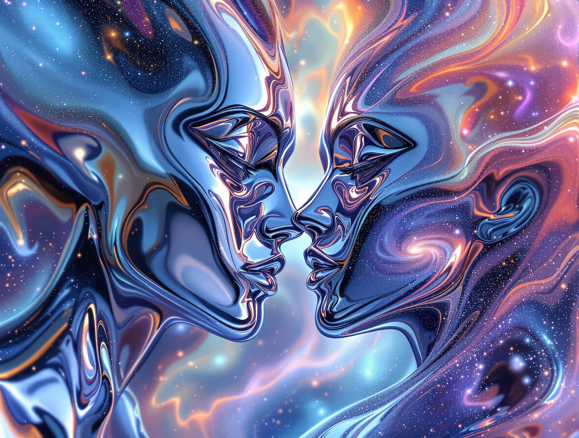A striking 3D digital artwork showcasing two abstract chrome-metallic faces, their features elongated and surreal, intertwined in an intricate dance against a backdrop of swirling nebulae. The metallic surfaces exhibit a mesmerizing, liquid mercury effect, refracting the cosmic colors with stunning realism. The artwork emphasizes fluid, organic forms, contrasted against the sharp, cold beauty of polished metal.