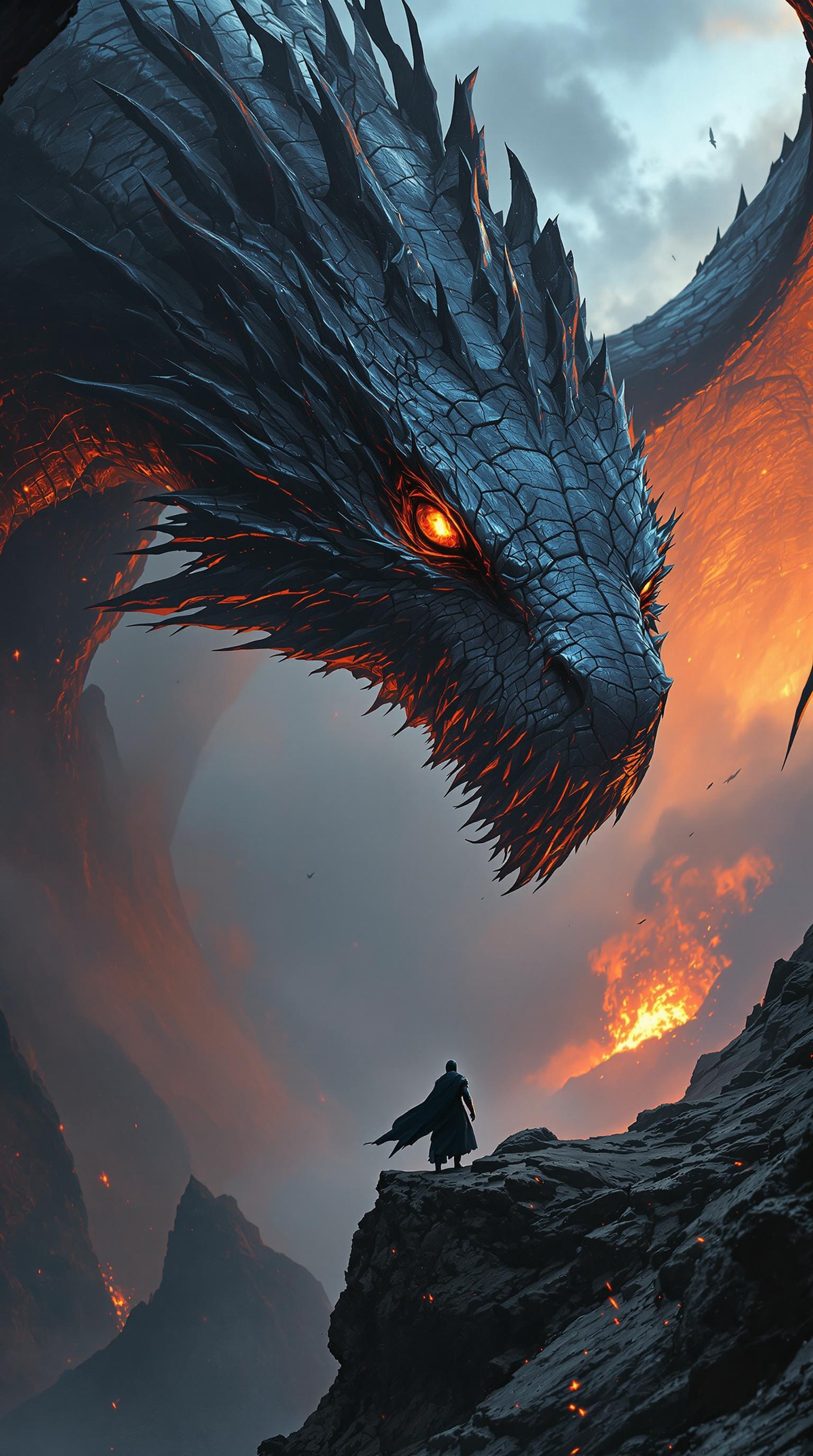 Make it look like a photo, okay? A realistic photo! No CGI look! A hyper-realistic photograph capturing a…terrifyingly majestic moment atop a crumbling cliff edge at twilight, where a colossal ancient dragon--its obsidian-black scales cracked with glowing magma veins--stands towering above a lone armored warrior no larger than a fingernail by comparison. The dragon’s eye alone is the size of a boulder, glowing with an eerie amber fire, fixed directly on the human below. The dragon’s wings are half-unfurled, spanning wide across the sky like torn sails, casting an immense shadow across the broken earth. Wind howls as dust and ash swirl through the air, lit by the orange glow of a distant erupting volcano. The warrior’s cape flutters violently in the gale, his silhouette dwarfed to near insignificance beside the monster. The camera captures this from a low angle near the warrior’s side, looking up at the behemoth, emphasizing the sickening scale difference. A faint lens flare cuts across the scene from the setting sun peeking behind the dragon’s wing. ultra-realistic, cinematic, DSLR look, natural lighting, texture-rich, realistic imperfections, atmospheric haze, volcanic ash particles, glowing magma, shallow depth of field on the foreground debris. close up
