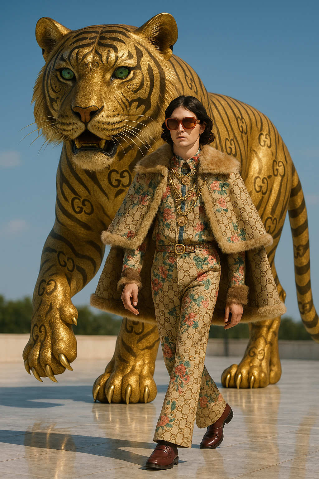 Candid shot, Captured with the Canon EOS R5, an ultra-high-definition, hyper-realistic portrait of a full-body fashion model walking forward in an extravagant Gucci outfit overloaded with GG floral patterns, fur-trimmed cape, golden chains, and colorful vintage sunglasses. Towering behind him strides an enormous golden tiger adorned with intricate GG monogram stripes across its coat, emerald eyes glowing like gemstones, and claws tipped in metallic gold, its luxurious form standing twice the model's height as they march across a gleaming marble runway beneath a crystal-clear sky.
