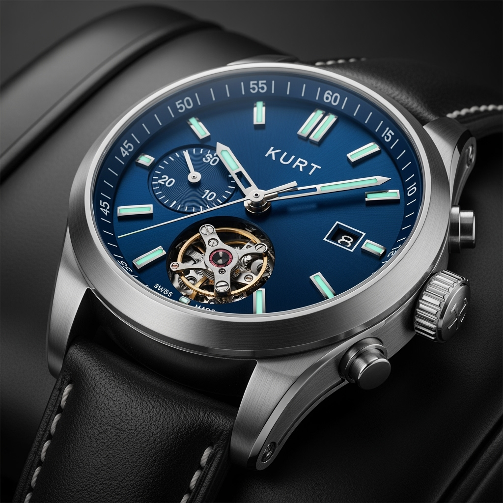A stunning close-up of a luxury watch named Kurt, showcasing its intricate details and craftsmanship, set against a sophisticated background., luxurious style, professional quality, high resolution