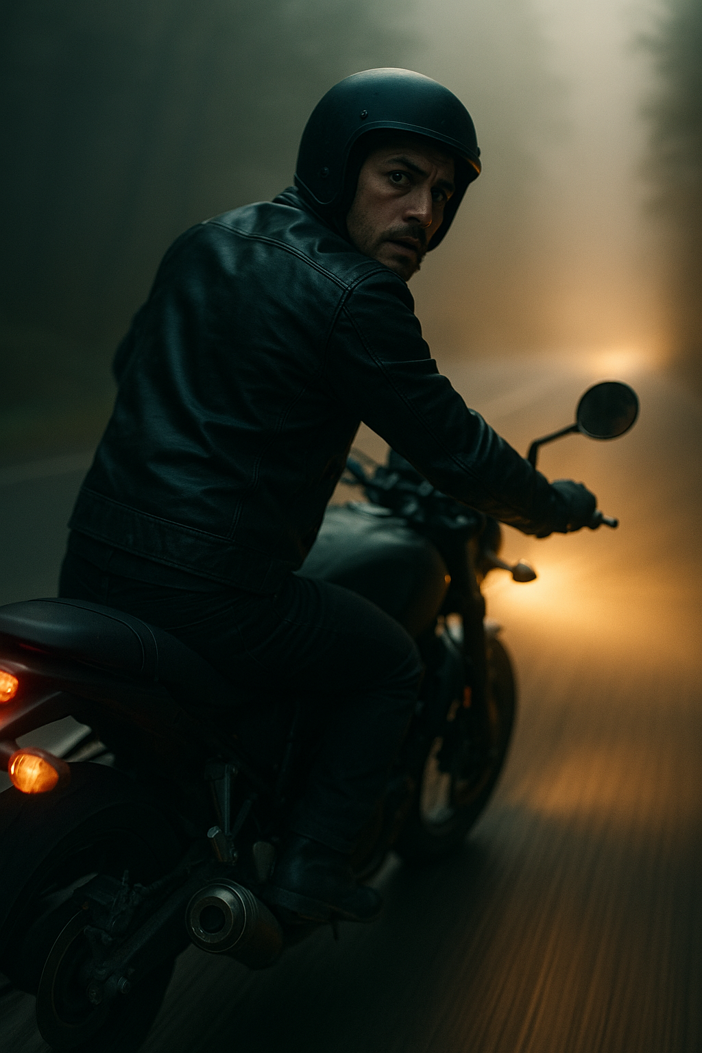 Rear three-quarter tracking shot of a motorcycle in motion, camera trailing slightly to the side from behind, matching speed with a smooth dolly-in to intensify tension — cinematic drone or handheld gimbal tracking in fluid motion. As the rider glances back suspiciously, the camera performs a gentle pan in the direction of the gaze with a subtle tilt up, capturing a dramatic, alert expression. Shot in moody lighting with a shallow depth of field, emphasizing a tense, cinematic chase atmosphere — dynamic motion blur, backlit silhouette, volumetric light, and a suspenseful, immersive perspective.