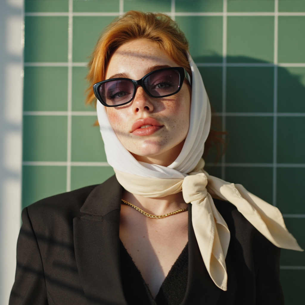 A fashion portrait against a bright lime green tiled wall with white grout lines creating a grid pattern. The subject wears a black blazer with a deep V-neck cut and a cream-colored silk scarf tied loosely around the neck. A white headscarf frames their dark sunglasses with thick black frames. The lighting is even and professional, creating a modern, editorial aesthetic. The composition is centered, with the subject's shoulders and head filling the frame. The green tiles create a curved, rippling effect in the background, adding visual interest and texture to the image. The color palette consists primarily of black, cream, and vibrant lime green, creating a striking contrast. The image has a contemporary, high-fashion editorial quality with sharp focus and professional studio lighting.