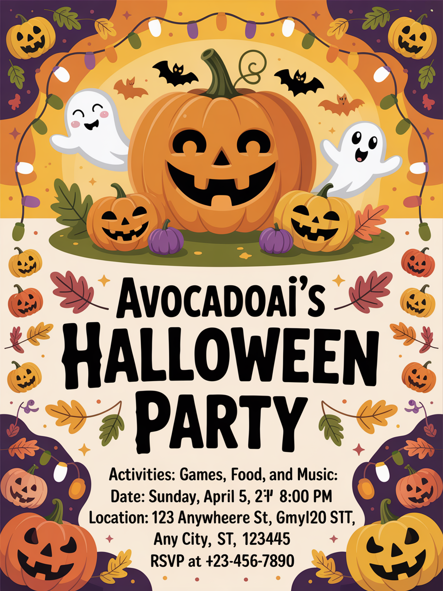 Design a festive Halloween party invitation poster for "AvocadoAI's Halloween Party" featuring a cheerful, family-friendly design. Include traditional Halloween elements like carved pumpkins, autumn leaves, and friendly ghosts in modern, vibrant autumn colors - warm oranges, golden yellows, rich browns, and cream. The poster should have a clean, modern layout with playful typography displaying all event details: Activities: Games, Food, and Music; Date: Sunday, April 5, 2026; Time: 8:00 PM; Location: 123 Anywhere St., Any City, ST 12345; RSVP at +123-456-7890. Include decorative borders with pumpkin and leaf motifs, a friendly jack-o'-lantern mascot, and festive string lights. The overall vibe should be inviting and fun for all ages.