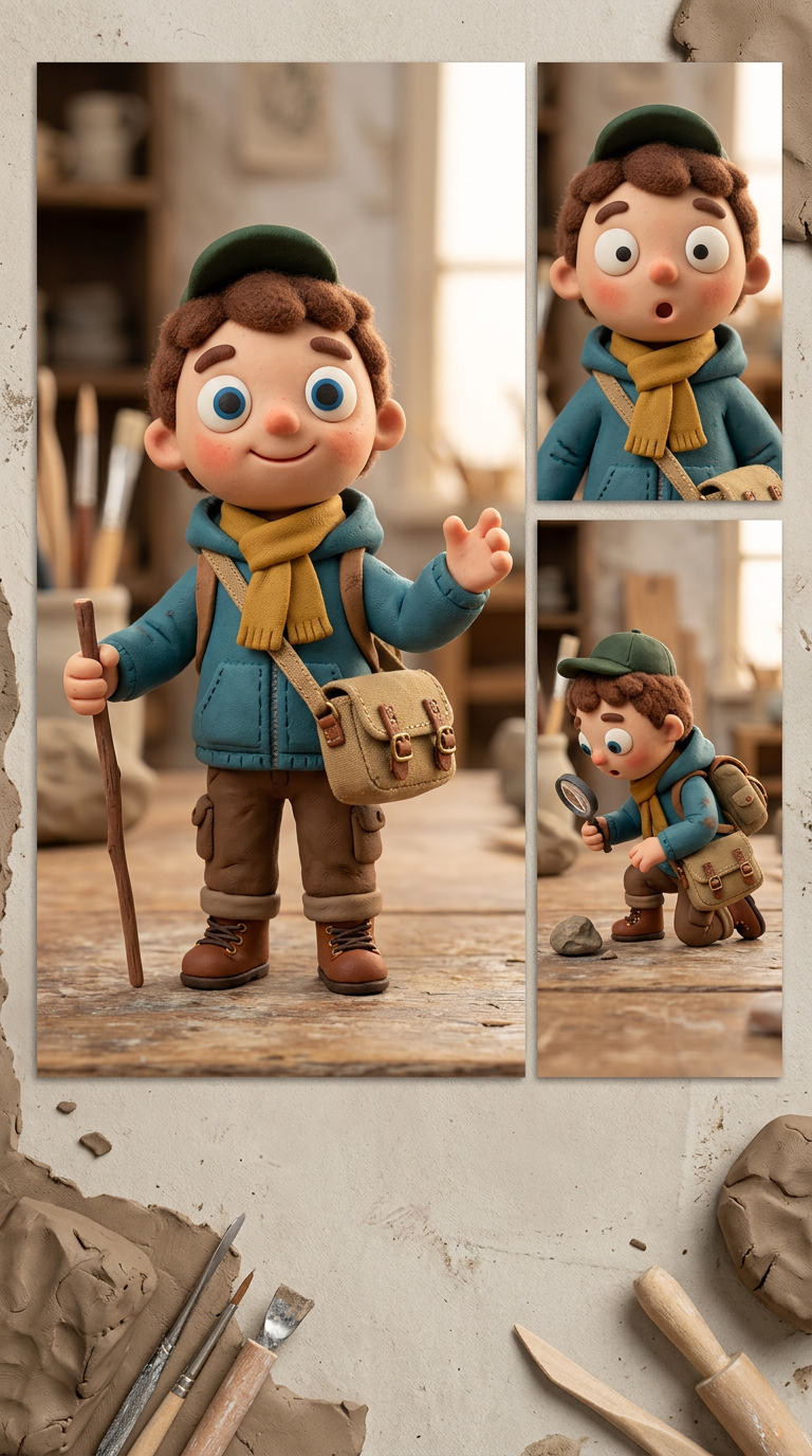 A charming original tiny claymation explorer character for a handcrafted stop-motion short film. Create a polished character reference sheet in a vertical 9:16 composition: one full-body hero pose plus two small expression or pose variations, all clearly the same character. The character is very small and childlike, made from colorful soft polymer clay with visible handmade fingerprints and subtle sculpting imperfections, expressive oversized eyes, a friendly curious face, tiny rounded hands and feet, and a simple teal-blue hoodie with a mustard-yellow scarf and miniature canvas satchel. Design the silhouette to read clearly at a distance and feel appealing to new customers. Warm tactile stop-motion studio lighting, neutral clay workshop background, playful cinematic detail, handcrafted miniature aesthetic, consistent proportions, no text, no labels, no watermark.