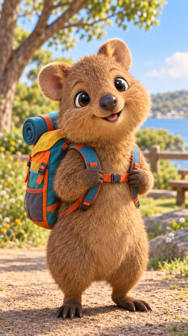 A cute, original 3D animated family-film-style quokka wearing a colorful adventure backpack, full body, cheerful curious expression, rounded extra-cute proportions, soft warm studio lighting, highly polished cinematic render, simple charming outdoor park background, no text, no logos, no copyrighted characters