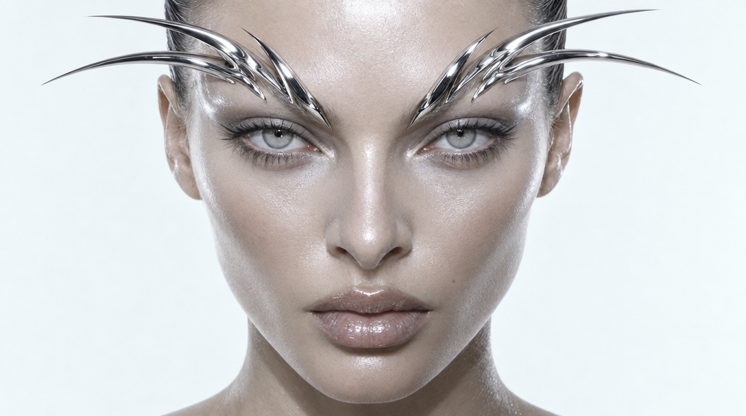 Surreal beauty close-up: a face with brows replaced by long, polished liquid-mercury spikes that arc outward like sharp metallic feathers. Pale luminous skin, glassy pale-grey contact-lens eyes, wet-look colourless lip. Frontal clinical lighting, sterile white backdrop, late-90s avant-garde editorial in the spirit of Thierry Mugler beauty campaigns, every reflection on the spikes razor-sharp.