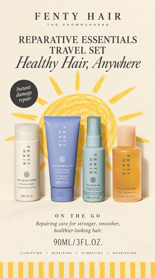 Edit [@PRODUCT] into a warm artisanal ad in vertical 9:16 on a cream background. At the top, set the brand name in elegant serif capitals with a small spaced subline, then a headline of two serif uppercase lines and one large italic script line. Behind [@PRODUCT], draw a big hand-drawn yellow crayon sun with scribbled rays, so the product sits in front of it. Add a small dark circle badge on the left with a three-line phrase from the packaging. Below the product, add a spaced uppercase serving or usage idea, two lines of description, the size from the packaging set larger, and one small line of product attributes. Finish with a strip of yellow and cream stripes along the bottom edge. Soft natural light.

Write all on-image text in clean, correctly spelled English, based only on what the packaging shows and what the request says, such as the product name, variant, size, and main benefit. Never invent certifications, test results, statistics, prices, discounts, or promo codes.

Preserve the exact shape, proportions, colors, materials, and finish of [@PRODUCT]. Reproduce its label, logo, typography, and packaging text exactly as they appear in the source image, sharp, legible, and correctly positioned. Do not invent, alter, or substitute any branding, and keep every other object in the scene free of logos. Editorial product photo of the The Showrunners Reparative Essentials Travel Set, clean studio lighting, brand colors in the background, sharp focus, campaign quality.