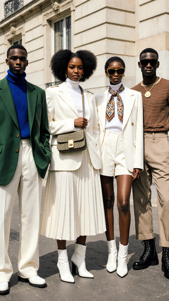 A flawlessly styled group of four Black fashion tastemakers, standing in formation like a Renaissance painting reimagined for Paris Fashion Week. Each one looks straight out of an editorial — owning their lane, their look, and the lens. ⸻ 👗 Outfit Breakdown (Left to Right): 1. Left Figure: • Cropped cobalt blue Nordic knit sweater tucked effortlessly into high-waisted cream pleated trousers. • Clean lines, cozy texture, and minimal styling — Scandinavian boy meets retro Parisian ease. • Casual hands-in-pockets stance adds that ‘I’m not trying too hard’ fashion week nonchalance. 2. Second Figure: • Channeling Black Old Hollywood, this subject wears a structured military green blazer, crisp white turtleneck, and an ivory pleated skirt. • Accessories on point: white go-go boots, a crossbody satchel, vintage silk scarf tied under the chin, and oversized square sunglasses. • The pose? Left hand delicately poised on the abdomen like royalty. Absolutely regal. 3. Third Figure: • Vintage academia meets punk rebel. • White 80s shoulder-padded blazer layered over a loosely buttoned white shirt with a patterned silk scarf necktie. • White Bermuda shorts, chunky black lace-up boots, and a structured tweed handbag scream runway androgyny. • Expression: ice cold. We’re obsessed. 4. Far Right Figure: • Casual confidence in a striped earth-tone crewneck and taupe trousers with a slightly slouchy fit. • Gold medallion necklace and square sunnies round out the rich-toned aesthetic. • Feels like someone who doesn’t need a stylist—they are the stylist. ⸻ 🎥 Camera + Composition: • Shot with a medium telephoto lens — compressed background, shallow depth of field, and tight formation. • Slightly off-center to give the illusion of spontaneity, but everything feels intentional. • Taken at eye-level, in bright daylight, the shadows are soft — adding an almost vintage postcard vibe to the image. • Looks like an outtake from an i-D or Dazed runway feature. ⸻ 🌍 Mood & Aesthetic: • Vibe: Fashion clique that teleports from a 70s disco to a Paris couture show and back without losing a beat. • Attitude: Controlled drama. Every detail is placed but never forced. • Energy: Anti-hypebeast. Soft power. Subtle flexes. ⸻ ✍️ Possible Captions: • “If this was a Vogue group cover, we’d buy five copies.” • “No front row. We are the show.” • “Black excellence, styled in four chapters.” • “Your Pinterest board could never.” • “All killer, no filler.” ⸻ 🧵 Keywords: black fashion editorial, androgynous style, streetwear meets tailoring, old money energy, silk scarf gang, fashion week sidewalk, black queer fashion, soft masculinity, group editorial shoot