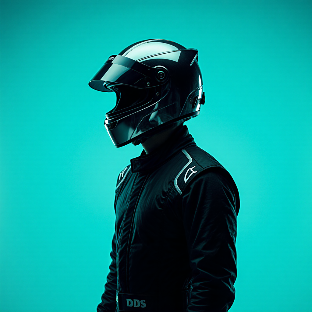 A shadowy figure in a reflective helmet and sleek racing suit stands off-center against a softly glowing teal backdrop. Intense backlighting carves out a moody, enigmatic silhouette, while the futuristic teal wash infuses the scene with a sense of tranquil anticipation and quiet contemplation.