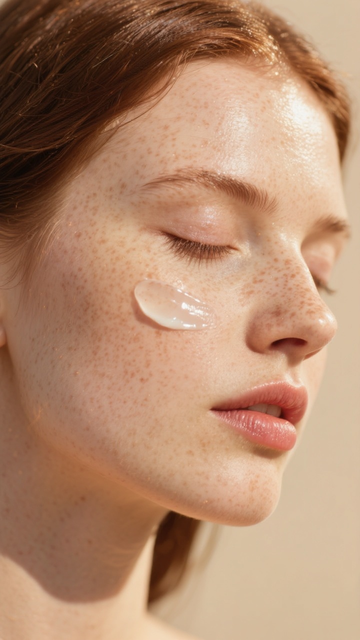 A very thorough close-up of a woman’s face with brown hair, ultra glowing glass look skin, and a lot of freckles, embodying the look of an unusual beauty model with a very rare, glamorous appearance and closed eyes. Her luminous, freckled skin has a subtle transparent gel layer of skincare cream gently applied to her cheek, adding to her ethereal glow under vibrant, sunlit conditions. The serene expression on her face evokes a feeling of calm and self-care. Her look is complemented by the warm tones of her lips and the beige background, conveying an atmosphere of luxury and minimalism, capturing a refined, high-quality aesthetic focused on beauty, elegance, and authentic moments of self-indulgence.