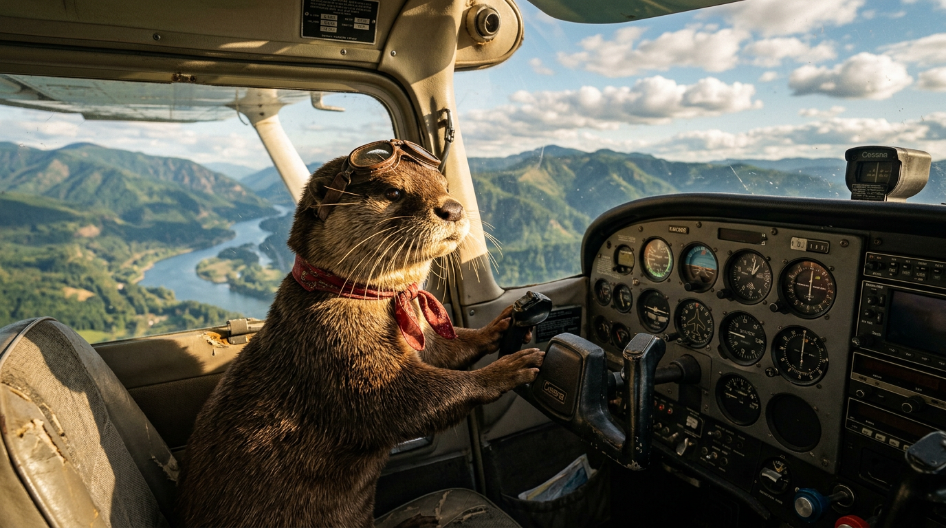 A tight three-quarter cockpit shot of a river otter wearing vintage brown
leather aviator goggles and a tiny red silk scarf, seated at the controls of a
single-engine Cessna, paws gripping the yoke. Sunlight streams through the
canopy, lighting whiskers and fur in detail. Through the windshield, lush green
mountains and a winding river are visible below, with scattered cumulus clouds.
Shot on 35mm lens at f/4, Sony Venice. Natural documentary grade, warm afternoon
tones, playful but photoreal. 16:9.