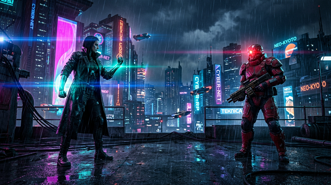 A low-angle wide shot of two augmented warriors on a rain-soaked rooftop at
night. The left fighter is a tall woman with cybernetic forearms glowing cyan,
wearing a long black trench coat. The right fighter is a mercenary in crimson
armored plates with a glowing red optical implant. They face each other ten
meters apart. Behind them, a cyberpunk megacity of holographic ads and flying
vehicles stretches to the horizon. Rain falls in lit sheets. Shot on anamorphic
lens at f/2.8, with horizontal lens flares. Saturated neon grade, magenta,
cyan, and crimson, crushed blacks. 2.35:1 anamorphic.