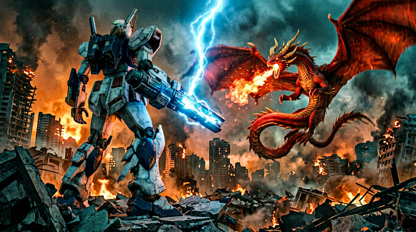 A low-angle wide shot of a massive humanoid mech in white and navy plating,
approximately one hundred meters tall, standing in a ruined city. Its right arm
holds a glowing blue energy cannon aimed skyward. Across from it, a
serpentine red dragon with golden horns coils in mid-air, wings spread, jaws
open to breathe fire. Buildings around them burn. Smoke fills the air. Shot on
24mm wide lens at f/4, Arri Alexa. Epic blockbuster grade, teal and orange,
heavy atmospheric haze. 2.35:1.