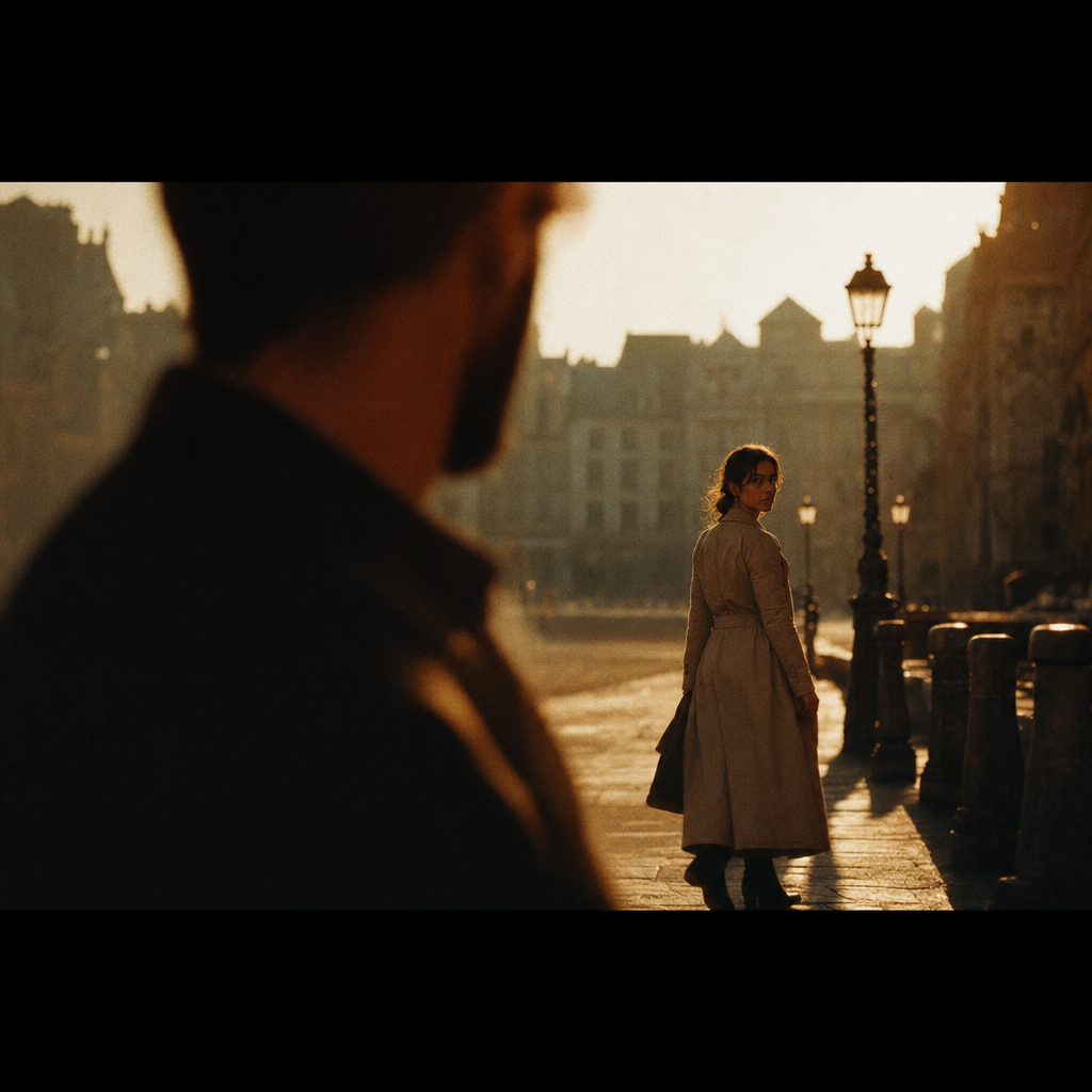 Cinematic frame with strong layered depth: a man's out-of-focus silhouette in the foreground edge, a woman walking through warm golden light in the midground, blurred soft city architecture in the deep background. Anamorphic 2.39:1 letterbox aesthetic with subtle black bars feeling top and bottom. Shot on 35mm film, visible organic grain, warm sepia and amber tones with deep shadows, slight halation. Premium cinema look, high contrast, restrained negative space, no text.