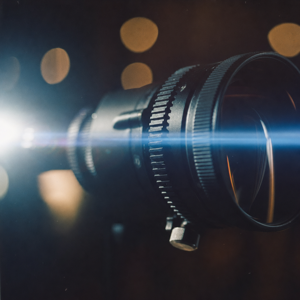 Extreme close-up of a sleek matte black vintage anamorphic cinema lens, horizontal blue-white anamorphic lens flare streaking across the entire frame, oval bokeh balls of warm amber light scattered in the dark blurred background. Dramatic low-key lighting, deep teal and obsidian shadows, premium product photography meets cinema. Shot on 35mm with film grain, halation, micro-contrast on the lens metal and glass. No text, no branding visible.