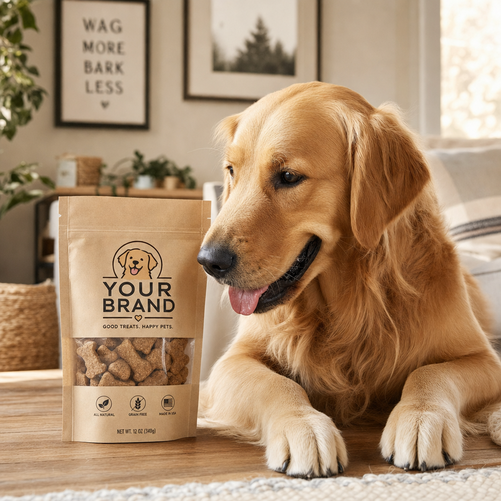 A kraft-paper pet treat pouch with a clear front window and a friendly 'YOUR BRAND' logo with a happy well-groomed golden retriever interacting naturally beside it in a warm home setting, soft daylight, heartwarming authentic pet-brand styling, square 1:1.