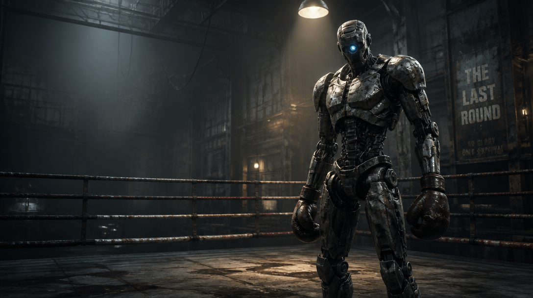 Cinematic 3D render, a battered humanoid combat robot standing in a derelict boxing ring inside a dim industrial warehouse, glowing single blue optic, scratched chrome plating, harsh overhead practical light, volumetric haze, gritty sci-fi poster framing with empty space for a title, 16:9.