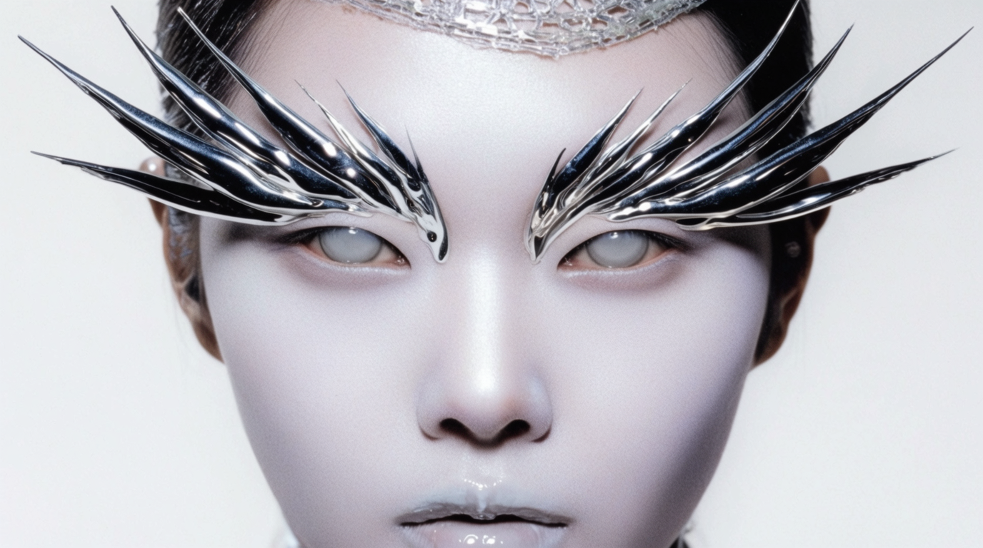Surreal beauty close-up: a face with brows replaced by long, polished liquid-mercury spikes that arc outward like sharp metallic feathers. Pale luminous skin, glassy pale-grey contact-lens eyes, wet-look colourless lip. Frontal clinical lighting, sterile white backdrop, late-90s avant-garde editorial in the spirit of Thierry Mugler beauty campaigns, every reflection on the spikes razor-sharp.