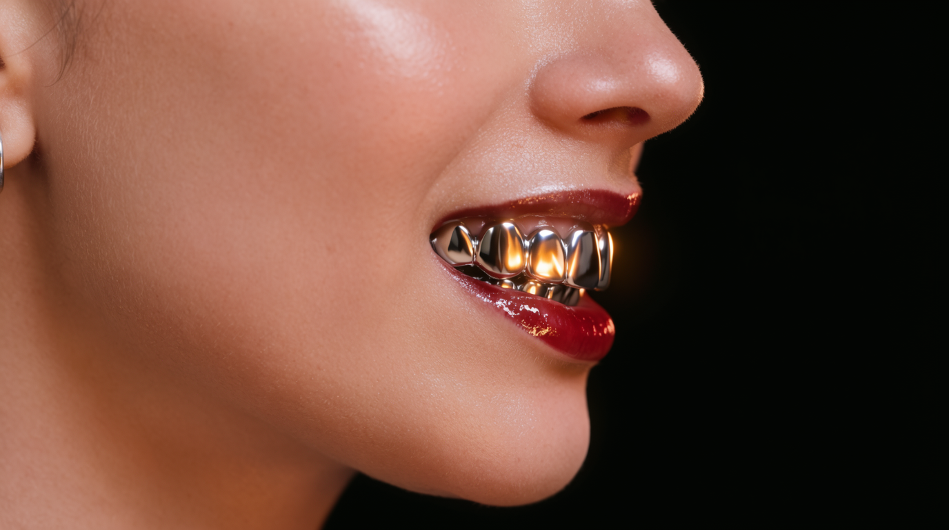 Hyperreal beauty macro in strict side profile: a parted mouth shows a full set of mirror-chrome grills on the upper teeth reflecting a soft amber studio light. Glossy crimson lips, dewy peach skin, a single tiny silver hoop visible at the jawline. Black backdrop, razor-sharp focus on the teeth, fashion-editorial composition, magazine-page sharpness.
