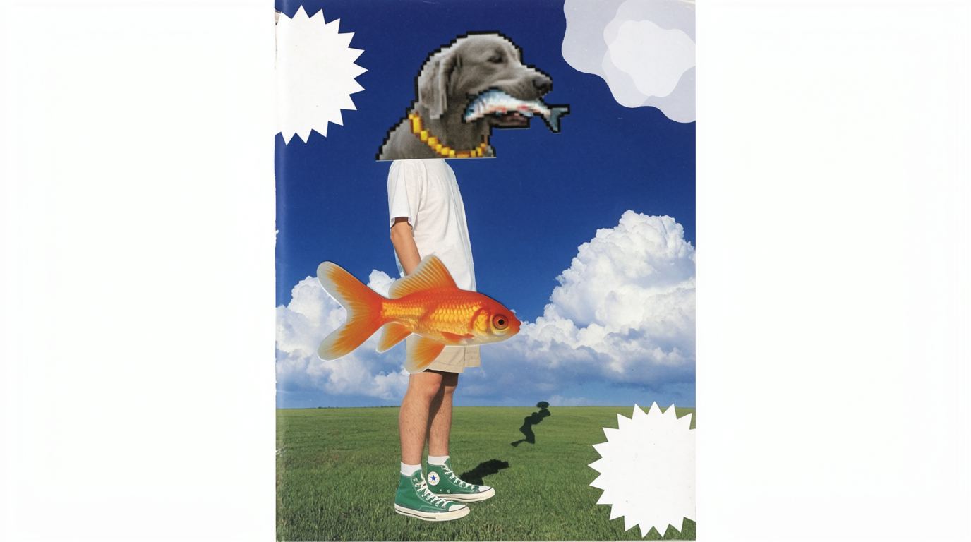A vertical magazine-style photo-collage: a faceless figure stands in a green field under a perfect sapphire-blue sky with cumulus clouds, wearing a white t-shirt, green Converse Chuck Taylor high-tops and… nothing else recognizable as a head. In place of a head sits a chunky pixel-art photo-paste of a grey golden retriever holding a small fish in its mouth, like a low-res JPEG stamp. An oversized realistic photo of a single orange goldfish is comped at hip-height. Tiny shadow of a person in the background. Hard scrapbook cut-outs, surreal Tumblr-era zine humor.