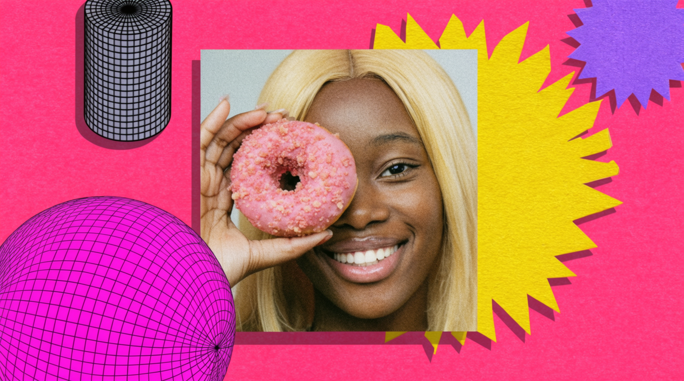 A square magazine collage on a hot bubblegum-pink background: a smiling young black woman with center-parted blonde hair holds a pink-frosted donut over one eye. Around her float retro wireframe 3D primitives — a magenta wireframe sphere and a black wireframe cylinder — plus a starburst-cutout in vivid yellow behind her head and a jagged purple sun-shape upper right. Crisp magic-wand cutouts, drop shadows, bouncy Y2K bubblegum graphic-design energy reminiscent of early-2000s ad templates and Geocities backgrounds.