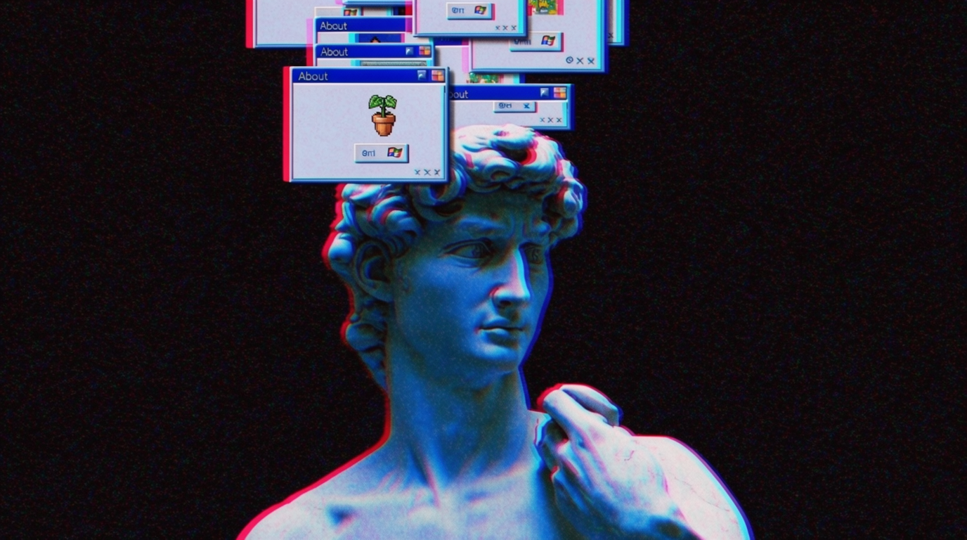 A small square image of a classical white marble bust of Michelangelo's David, recolored in deep cyan-blue with neon-pink rim light, against a black background. A cascade of glitchy Windows-9x dialog-box windows tumbles out of the back of his head and floats above him. Heavy chromatic aberration splits every edge into red and cyan; pixel-noise overlay; deep-fried oversharpening. Pure 2014-era vaporwave Tumblr edit, /mu/ album-cover energy.