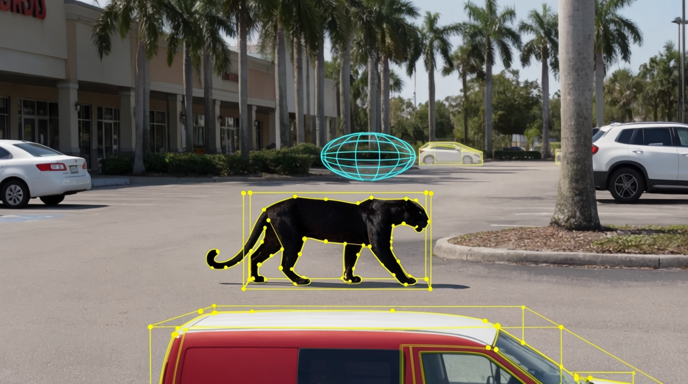 A vertical iPhone-style photo of a real black panther walking through an empty palm-tree-lined American suburban strip-mall parking lot at midday. A bright yellow wireframe 3D bounding-box with tiny corner-vertex dots is rendered around the tiger and a cyan wireframe ellipsoid hovers just above the asphalt, like an annotated machine-vision training image. Flat warm Florida-style sunlight, harsh shadows. Mood is uncanny suburban surrealism filtered through a self-driving-car dataset visualization.
