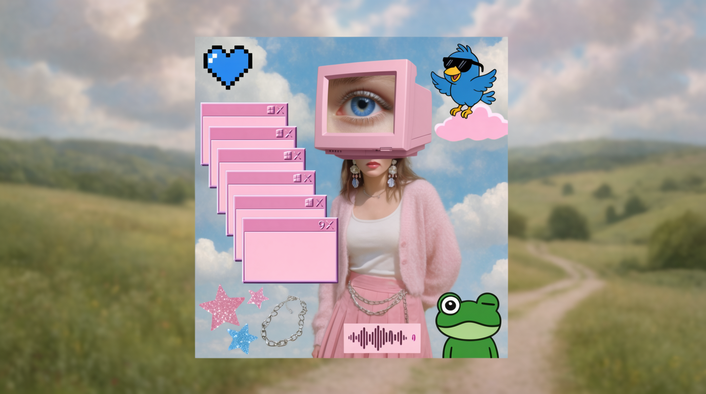A small square collage on a pastoral landscape backdrop of green hills and a path winding into the distance: a young woman in a fuzzy pink cardigan, white tank top, pleated pink skirt and a chain belt stands center, but her head is replaced with a chunky pink 1990s CRT monitor displaying a single hyperreal photographic blue human eye. Five offset pink Windows-9x dialog-box frames cascade to her left. A blue cartoon bird wearing sunglasses sits upper-right; a green cartoon frog with one big eye peeks lower-right. Hyper-kitsch dreamcore Tumblr collage, "pink webcore" energy.