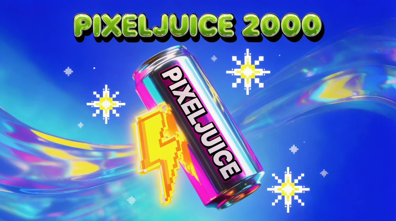 A horizontal early-2000s web banner ad, 728×90 in spirit but rendered as a tall illustration: a glossy chrome-and-magenta aluminum energy-drink can labeled "PIXELJUICE" floats at a tilt, emitting a chunky pixel-art lightning bolt and three Y2K starburst sparkles. Background is a deep electric-blue gradient with a swirling Geocities-style holographic ribbon and tiny scattered white pixel stars. Bouncy bubble-chrome wordmark "PIXELJUICE 2000" in beveled lime-green type with a long hard drop-shadow. Pixel scanlines, slight JPEG compression artifacts, the unmistakable feel of a banner that would have lived above a free-MP3 download page in 2001.