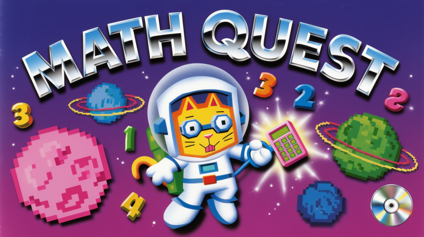 A square box-art-style illustration for a fictional 1998 children's educational CD-ROM called "Captain Cosmos' Math Quest." A blocky cartoon astronaut-cat with goggled helmet floats holding a glowing pink calculator-shaped key, surrounded by chunky pixel planets, orbiting equations and beveled 3D number sprites. Beveled chrome wordmark "MATH QUEST" arcs across the top with a hard drop shadow and a starburst. Background is a deep purple-to-magenta gradient sprinkled with white sparkles and a single rendered shiny disc icon in the corner. Crisp airbrushed late-90s edutainment cover energy, dithered shadows, optimistic.