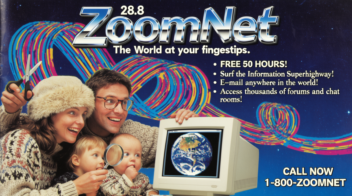 A vertical full-page magazine ad for a fictional 1997 dial-up ISP called "ZoomNet 28.8." A photo-collage of a smiling family in chunky knit sweaters huddled around a beige CRT monitor that glows with an Earth-from-space JPEG. Behind them, a swirling vector-traced ribbon of cyan, magenta and yellow loops across a deep navy starfield. A chunky chrome wordmark "ZoomNet" at the top with a beveled drop shadow. Bullet-point copy in pixel-aliased serif: "FREE 50 HOURS!", "Surf the Information Superhighway!" Slight CMYK misregistration, glossy magazine paper grain.