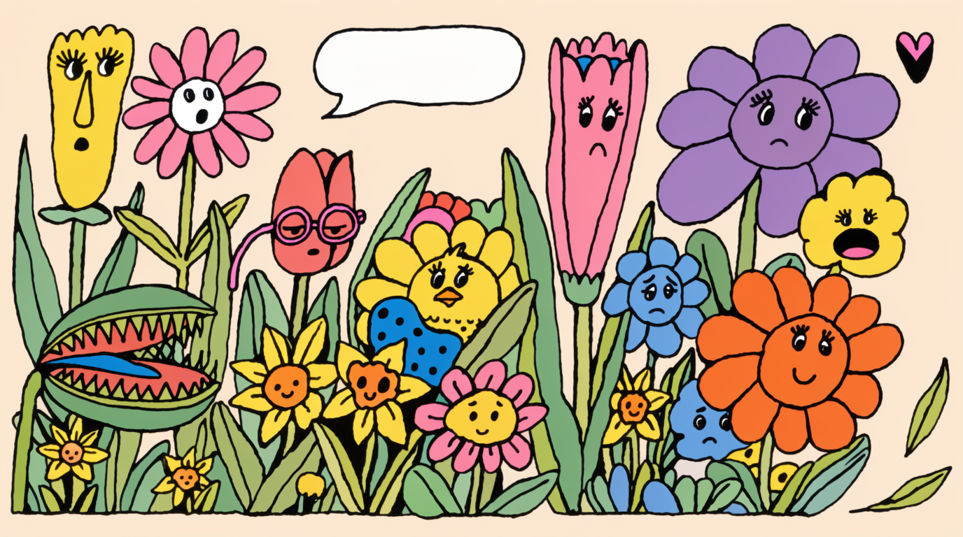 A cluttered horizontal pop illustration of a fantasy garden packed with cartoon flowers and Venus flytraps that all have expressive human faces — long-faced yellow blooms, surprised pink daisies, a wide-mouthed flytrap baring zigzag teeth, a sleepy tulip, a baby chick-flower, sad-eyed daffodils and curling tendril stems. Background is a soft cream. Style is 1970s underground comix meets pop illustration: thick varied black ink lines, flat candy-pop fills in coral, magenta, mustard, sage, lavender and tangerine, no gradients, with charming hand-drawn imperfection. Composition is densely packed, every petal touching, almost like a Where's Waldo of moody flora. Mood is whimsical, slightly melancholic, retro-cartoon weird.