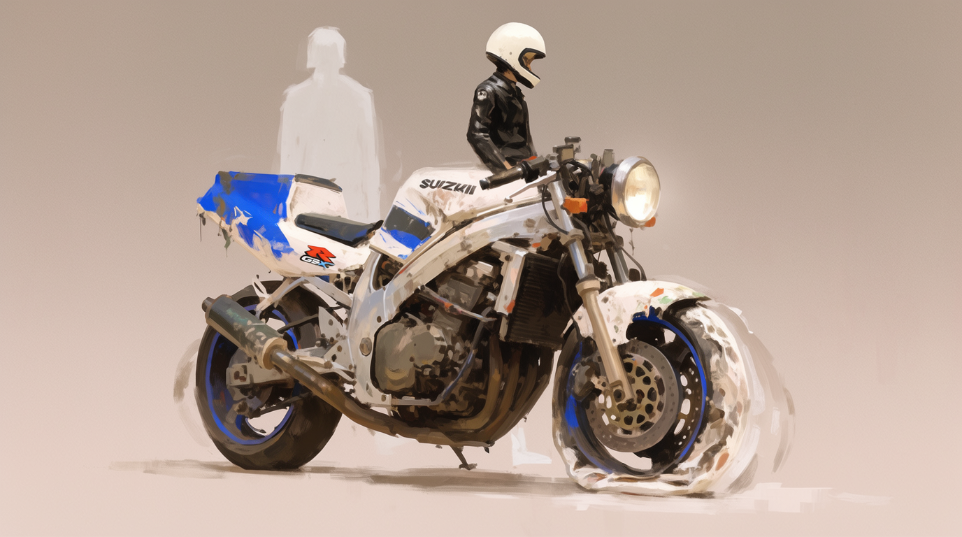 Painterly three-quarter view of a stripped-down Suzuki GSX-R sportbike centered on a soft warm-grey background. Battered white-and-blue fairings with frayed sponsor decals, exposed trellis frame, single round headlight, blistered tire and a small painted figure sitting astride in a black leather suit and white open-face helmet. Loose oil-style digital brushwork, smudgy edges with sharp accent linework on the forks and exhaust, muted palette with one electric-blue accent, faint painterly shadow.