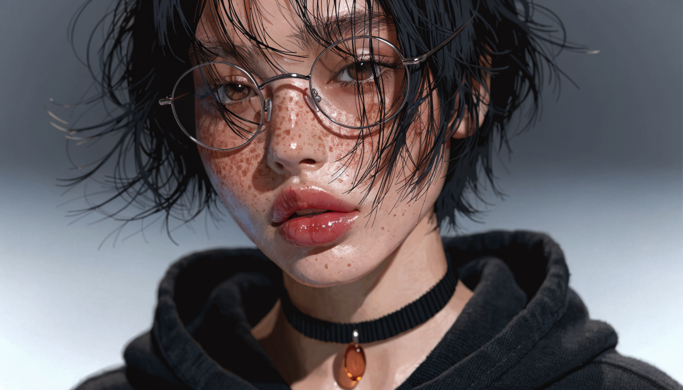 close-up portrait of a young woman, short messy black hair over her face, round wireframe glasses, brown eyes, freckled skin, glossy lips, black hoodie, black choker with glowing amber pendant, crisp semi-realistic digital painting, soft studio lighting