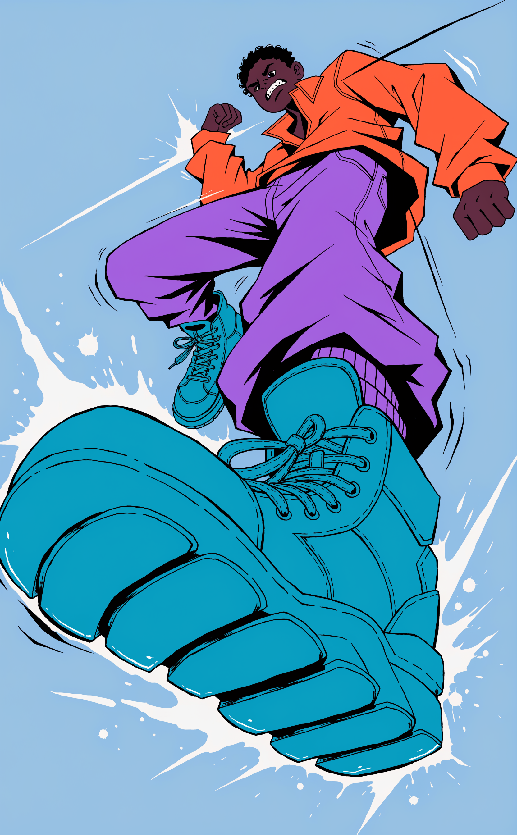 A stylized character kicks toward the viewer in extreme foreshortened perspective. The dark-skinned figure wears an orange jacket, baggy purple pants, and a massive teal sneaker dominating the foreground. Rendered with sharp black linework and flat cel-shading, the dynamic pose is surrounded by white splatters and jagged lines against a minimalist pale blue background.