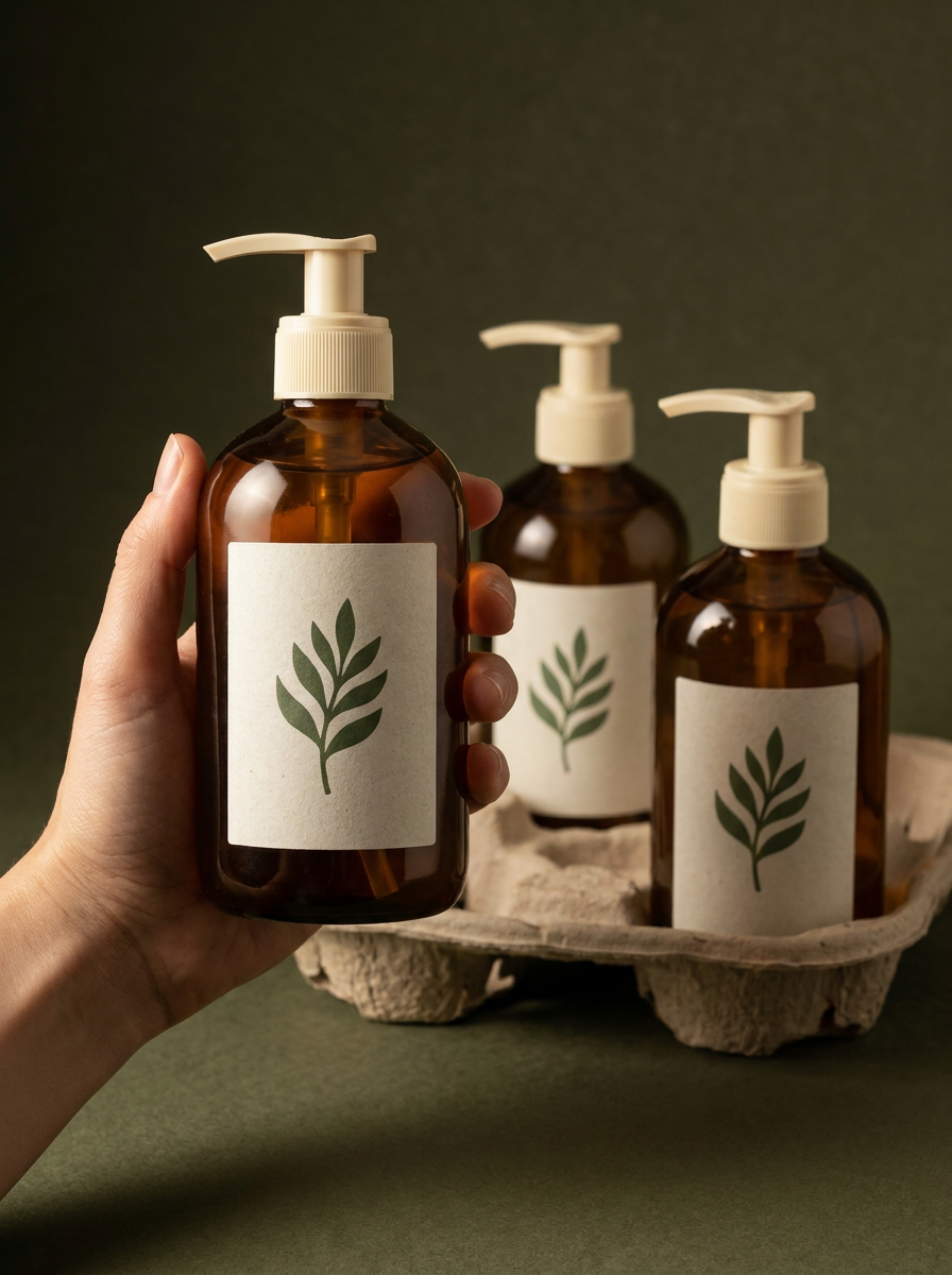 Edit the uploaded amber hand-wash pump bottle into a premium lifestyle product family photograph. Preserve the exact bottle silhouette, amber color, ivory pump, label shape, abstract emblem, proportions, and every visible packaging detail. Do not add readable words, brand name, logo, barcode, or redesign the product. Show one hero bottle held in the foreground by a natural human hand entering from the left, with the front label facing the viewer. Place two identical bottles behind it inside a rough recycled molded-paper tray. Use a deep muted olive background, warm directional light from the upper left, soft realistic shadows, tactile sustainable styling, and shallow depth of field. Keep the hero bottle fully visible and sharp. No extra unrelated products, no distorted hands, no clutter.