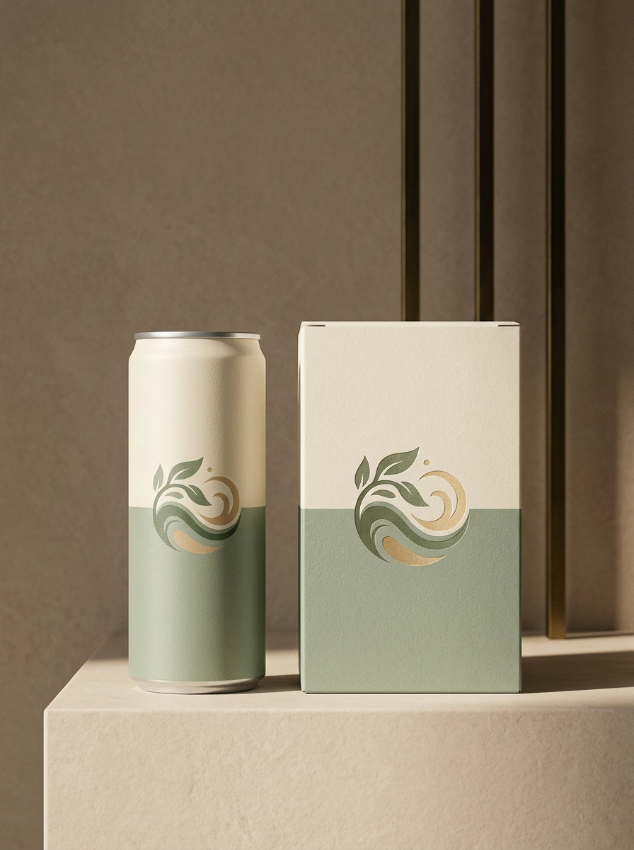 Edit the uploaded neutral beverage can into a premium editorial still life. Preserve the exact can silhouette, proportions, ivory and sage packaging, abstract emblem, and every existing package detail. Do not add readable words, brand name, logo, barcode, or redesign the can. Place the can upright beside a matching neutral retail box on a warm cream ledge, with tall dark linear accents behind and a warm taupe background. Use quiet luxury styling, warm directional light, soft contact shadows, and clean negative space. Keep both objects fully visible, no clutter.