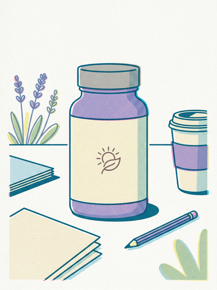 Edit the uploaded lavender wellness bottle into a retro risograph desk-scene illustration poster. Preserve the exact bottle silhouette, lavender color, silver cap, ivory label, abstract emblem, proportions, and packaging details. Do not add readable words, brand name, logo, or barcode. Place the bottle on a stylized desk with paper, a cup, simple stationery, and botanical shapes. Use limited risograph colors, visible ink texture, offset registration, and bold flat shapes. Keep the bottle central and recognizable, no clutter.