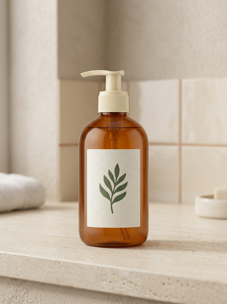 Edit the uploaded amber hand-wash pump bottle into a warm editorial bathroom still life. Preserve the exact bottle silhouette, amber color, ivory pump, label shape, abstract emblem, proportions, and all existing product details. Do not add readable words, brand name, logo, barcode, or redesign the bottle. Place it upright and centered on a light bathroom surface with a soft cream tile or plaster background, gentle daylight, realistic contact shadow, and minimal out-of-focus personal-care context. Keep the bottle fully visible and front-facing, no extra products, no clutter.