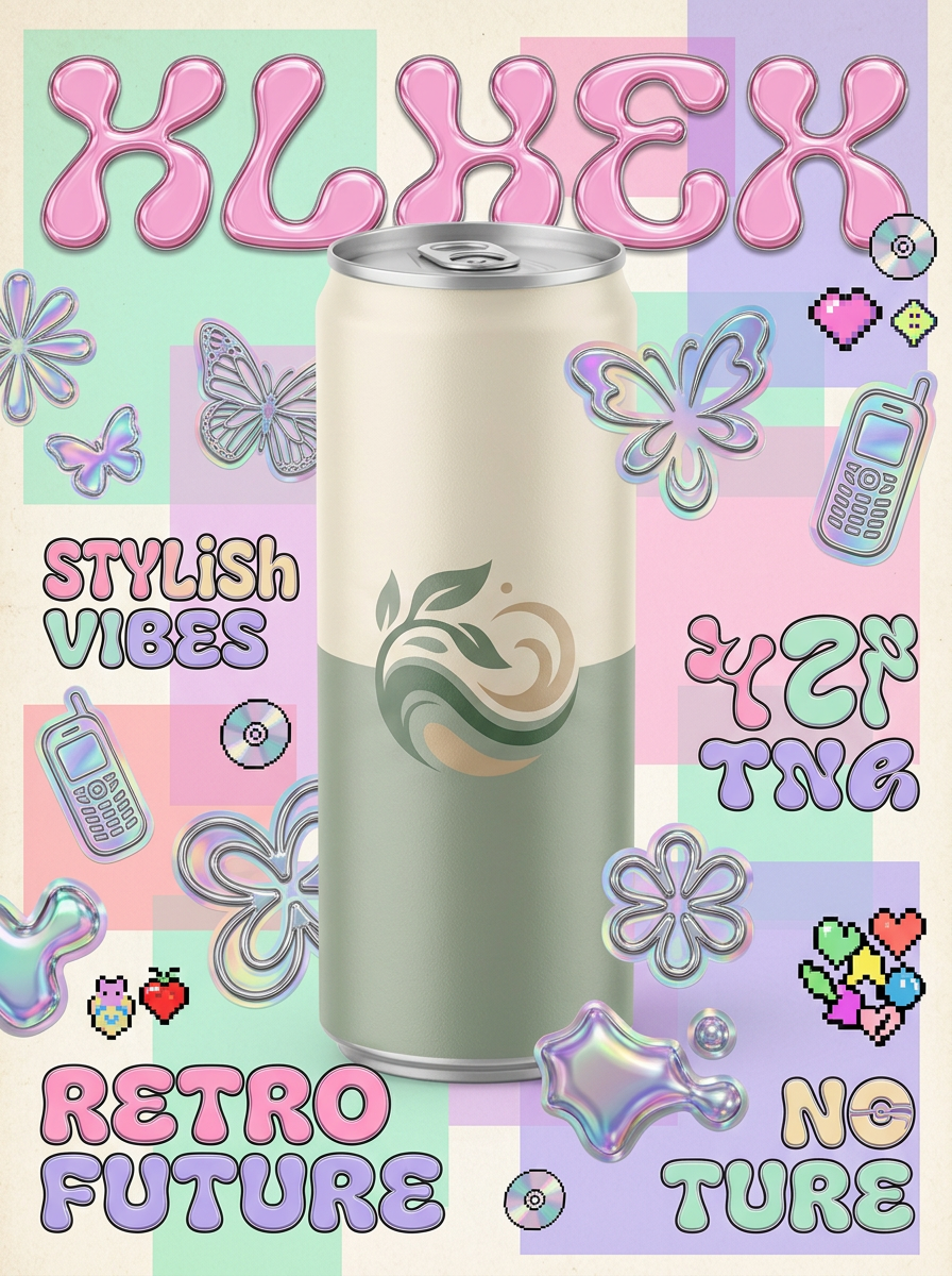 Edit the uploaded neutral beverage can into a Y2K magazine cover collage poster. Preserve the exact can silhouette, proportions, ivory and sage packaging, abstract emblem, and all existing package details. Do not add readable words, brand name, logo, barcode, or redesign the can. Make the can the central sharp product in a playful early-2000s collage of glossy stickers, chrome shapes, pastel blocks, and abstract non-readable cover graphics. Keep the can fully visible and primary, no extra cans, no readable text, no clutter.