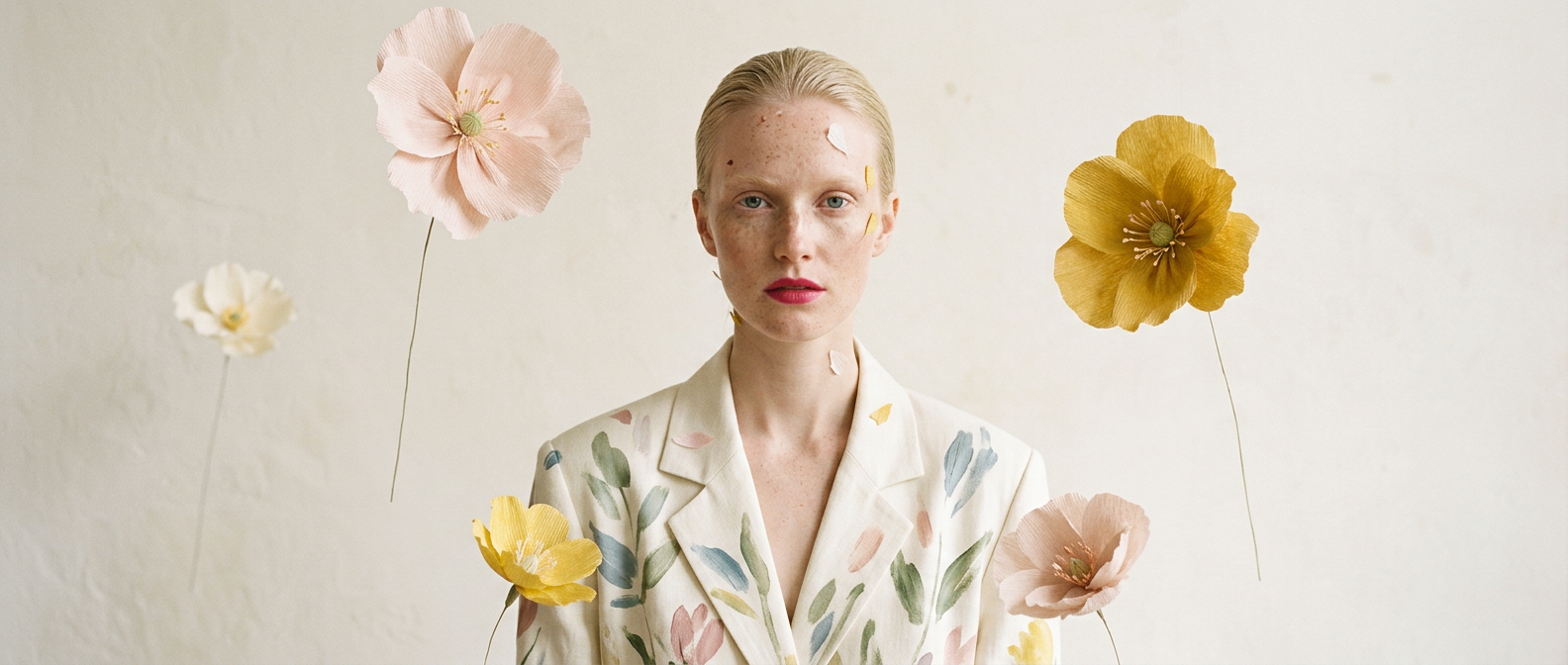Fine art editorial portrait, pale freckled blonde woman, slicked back hair, icy blue eyes, vivid raspberry lipstick, calm expression. Centered chest up composition. Simple oversized ivory blazer with soft pointed collar and loose hand painted botanical brushstrokes in sage green, dusty blue, blush pink, muted yellow. Exactly five handcrafted crepe paper flowers on extremely thin visible stems, individually spaced with generous negative space: Large pale blush pink poppy, upper left Large mustard yellow poppy, upper right Small ivory flower, distant background Small yellow flower, lower left Soft blush flower, lower right near torso Flowers: ribbed Italian crepe paper, broad irregular petals, 4 6 petals, asymmetrical handmade edges, gently curved slightly torn looking shapes, delicate stamens, matte tactile texture. NOT circular/symmetrical/peonies/carnations/crown/bouquet/dense arrangement. Few tiny paper petal fragments on forehead, cheek, neck. Warm off white studio background, airy spacing, quiet whimsical mood, soft diffused frontal daylight, very low contrast, natural freckles, medium format, restrained pastel palet