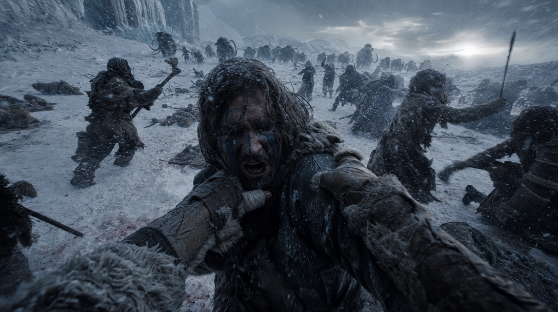 Cinematic photography. Shot on Sony Venice, ARRI Signature Prime, 24 mm. Style & Mood: First-person Pleistocene combat realism. Anamorphic 28mm, deep focus, blue-hour tundra light, desaturated palette of bone, frost-blue, ash-grey and ochre, wind-driven snow streaking diagonally, breath fog and ice crystals clinging to the lens edge, fine grain, raw and primal weight. Narrative Summary: One continuous POV shot — a rival war party charges across the frozen valley and the viewer meets the lead attacker with bare-handed force as the skirmish erupts around them. Dynamic Description: One continuous shot, first-person POV ice age warrior perspective on a frozen tundra battlefield, no cuts, no zoom, natural head movement. The viewer's own hands fill the lower frame — wrapped in heavy mammoth-hide mittens stitched with sinew, the right hand gripping a flint-tipped ash spear angled forward into upper frame, knuckles raw and wind-bitten. A bearskin cloak edge enters the upper-left periphery, frost crusting the fur. Breath plumes thick and white across the lens. Through the breath: a rival war party of hooded figures in layered hides and wolf-pelt cloaks sprints across the snowfield twenty paces ahead, faces streaked with ochre and ash war paint, brandishing flint axes, antler clubs, bone-tipped spears, one whirling a stone bola overhead. The lead attacker breaks from the pack and charges straight toward the camera through wind-driven snow and pale sun, heavy skin boots hammering packed snow, the ground shuddering with each stride. As he closes the final two paces the POV character reacts instantly — drops the spear shaft, lunges forward, catches the charging hunter mid-stride and slams him violently down into the bloodstained snow, powder exploding upward in a white cloud, no pause, immediate chaos erupts all around. Multiple hide-clad warriors collide simultaneously across the valley floor, intense close combat everywhere, flint axes hacking against rawhide shields, antler clubs swinging in wide arcs, bone-tipped spears thrusting, bodies tackling and tumbling into snowdrifts, a second wave of attackers in wolf-pelt hoods sprinting in from the right flank, a stone-headed mace whipping past the viewer's head. In the far distance the woolly mammoth herd along the ridge spooked into a heavy stampede, the ground vibrating, snow trembling underfoot. The POV character fights barehanded with raw force — blocking a flint axe with the forearm bracer, grabbing an opponent's hide collar and hurling him sideways into the snow, driving a fist into another attacker's chest, fast reactions, heavy hits, kinetic primal movement, camera shaking from each impact, breath roaring inside the hood, snow and ash in the air, shafts of cold blue-hour light cutting through the squall, epic scale, high-intensity tribal battlefield, photorealistic, ultra-detailed, motion blur on every strike. Static Description: Glacial valley on the Pleistocene tundra, packed bloodstained snow churned by skin boots, scattered flint blades and a fallen stone-headed axe near the viewer's feet. Jagged blue ice cliffs rising on the left, distant ridge silhouetted against bruised slate sky, woolly mammoth herd in retreat along the horizon. Two war parties in layered hides, bearskin and wolf-pelt cloaks, ochre and ash war paint, flint and antler weaponry. Wind-driven snowfall, low blue-hour sun smothered in cloud, frost on every surface. Shot on IMAX Film Camera, Hawk V-Lite, 24 mm