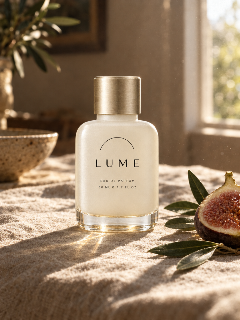 Keep this exact LUME bottle — identical proportions, identical frosted alabaster glass, identical brushed champagne cap, identical arc glyph and "LUME / EAU DE PARFUM / 50 ML e 1.7 FL OZ" typography, all still crisply legible.

Place it into a real photograph: standing on a rumpled oatmeal linen tablecloth in a sun-drenched room, a halved fresh fig and a few loose green olive leaves resting beside it. Hard late-morning sunlight rakes in from a window at the right, throwing a long crisp shadow to the left and a bright caustic glint through the bottle's clear glass base. Warm dust in the air, shallow depth of field, natural imperfect surfaces.

Shot on 50mm at f/2, candid editorial realism, natural colour, slight film grain. Not a studio shot — it should look photographed, not rendered.