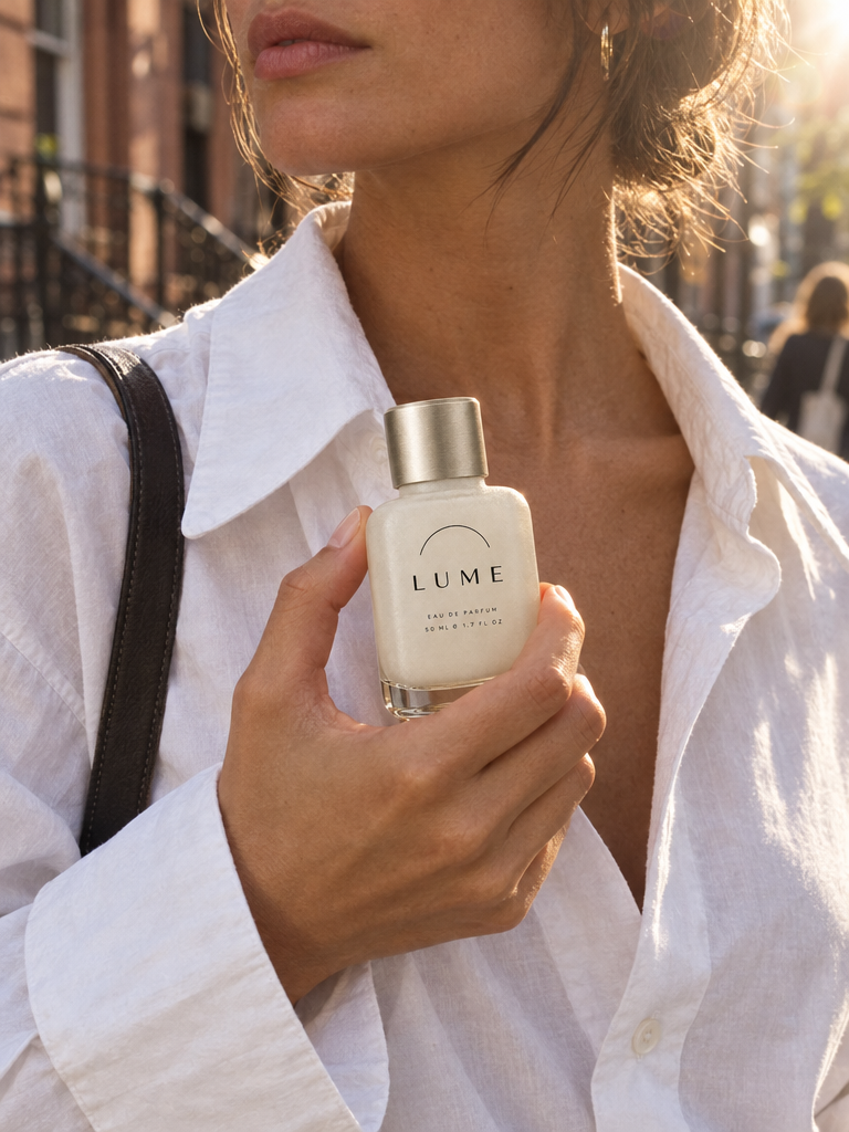 Keep this exact LUME bottle — identical proportions, identical frosted alabaster glass, identical brushed champagne cap, identical arc glyph and "LUME / EAU DE PARFUM / 50 ML e 1.7 FL OZ" typography, all still crisply legible at this scale.

Place it into a real street photograph: a woman in a crisp oversized white cotton shirt holds the bottle up near her collarbone, fingers wrapped naturally around the glass with realistic skin contact and slight pressure. She is walking on a sunlit city sidewalk, out-of-focus brownstone façades and a blurred passer-by behind her. Late afternoon sun, warm skin tones, a soft flare at the frame edge.

Candid documentary fashion photography, 85mm, shallow depth of field, natural colour grading, fine grain. Her face is partly out of frame at the top — the bottle and hand are the subject.