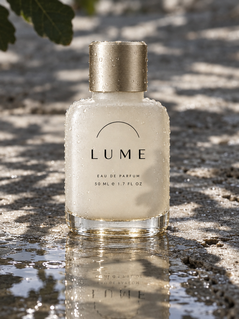 Keep this exact LUME bottle — identical proportions, identical frosted alabaster glass, identical brushed champagne cap, identical arc glyph and "LUME / EAU DE PARFUM / 50 ML e 1.7 FL OZ" typography, all still crisply legible.

Place it into a real photograph: standing on a slab of wet grey travertine just after rain, beads of water scattered across the stone and clinging to the bottle's frosted shoulder. Dappled shadow from an out-of-frame fig tree falls across the scene in sharp leaf shapes. Cool overcast-to-sun transitional light, a shallow puddle reflecting the bottle beneath it.

Photorealistic, macro-leaning 50mm, f/2.8, natural desaturated colour, real water physics, fine grain. Photographed, not rendered.