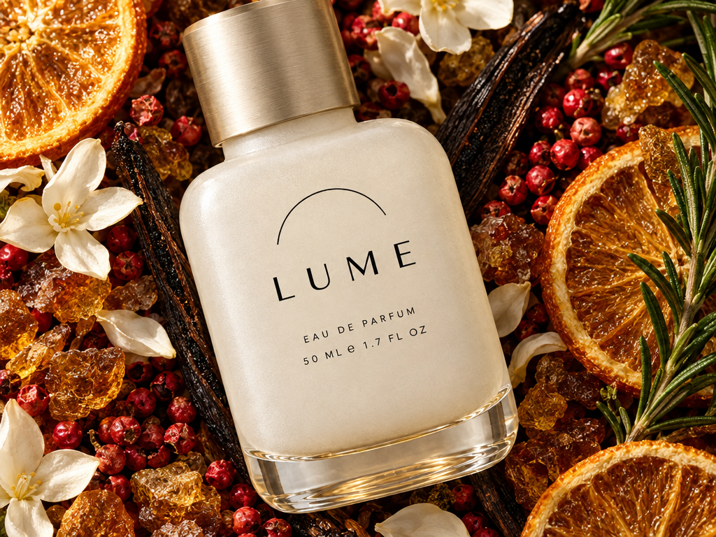 Keep this exact LUME bottle unchanged — identical frosted alabaster glass, identical brushed champagne cap, identical arc glyph and typography. Every character of "LUME", "EAU DE PARFUM" and "50 ML e 1.7 FL OZ" must stay perfectly sharp and correctly spelled.

Recompose as a rich overhead-angled still life: the bottle lying at a slight tilt on a dense bed of fragrance ingredients — split vanilla pods, dried orange wheels, pink peppercorns, cracked amber resin, jasmine petals and a sprig of rosemary — packed edge to edge, filling the whole frame around it. Warm directional light from the upper left, deep natural shadows between the botanicals, rich saturated colour.

Move in close: the bottle occupies most of the frame and the label typography is the sharpest thing in the picture. Macro lens, f/4, tack-sharp on the label, gentle falloff at the frame edges. Photorealistic commercial beauty photography.

Render this exact on-image copy verbatim, with no spelling, wording, punctuation, or capitalization changes:
- LUME
- EAU DE PARFUM
- 50 ML e 1.7 FL OZ