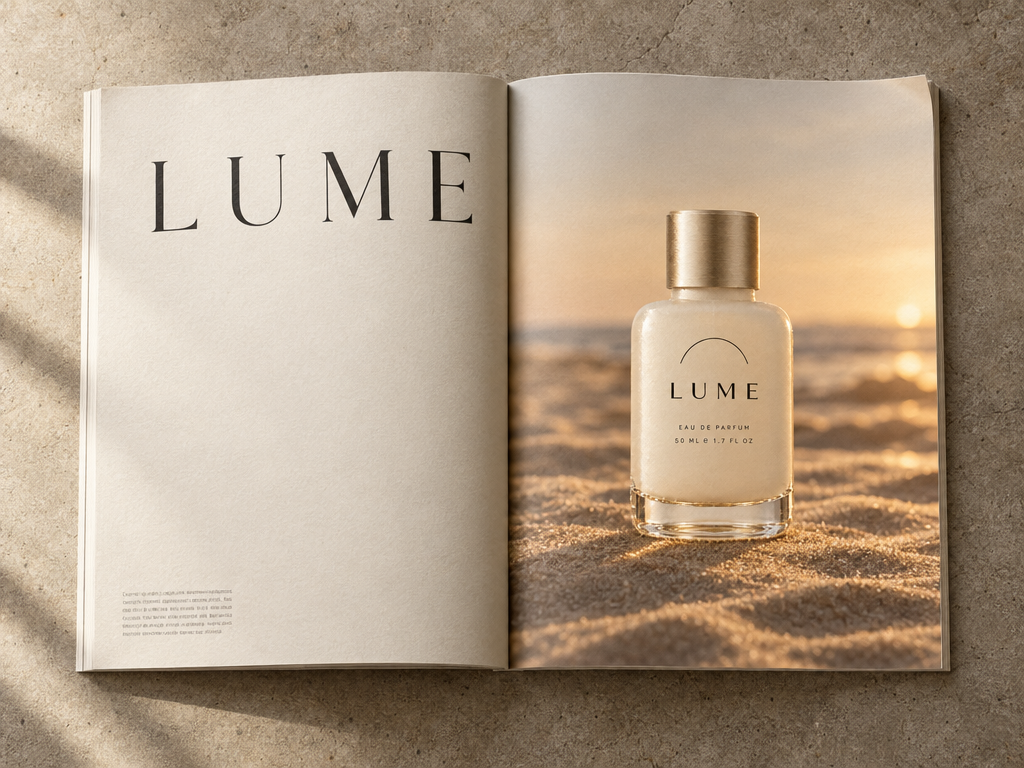Use this exact LUME bottle as the product, keeping its glass, champagne cap, arc glyph and typography identical.

Photograph an open printed magazine spread lying flat on a warm concrete floor, shot from directly above. The right-hand page is a full-bleed photograph of the LUME bottle standing on rippled sand at golden hour. The left-hand page is mostly empty warm cream paper with a small block of tiny grey body text in the lower corner and the word "LUME" set very large in a thin elegant serif across the upper half.

Real uncoated paper texture, a soft gutter shadow down the centre where the pages meet, one page corner slightly lifted. Natural window light from the left. Photorealistic print mockup, editorial art direction. Only the words "LUME" and small illegible grey body text — no other headlines.

Render this exact on-image copy verbatim, with no spelling, wording, punctuation, or capitalization changes:
- LUME