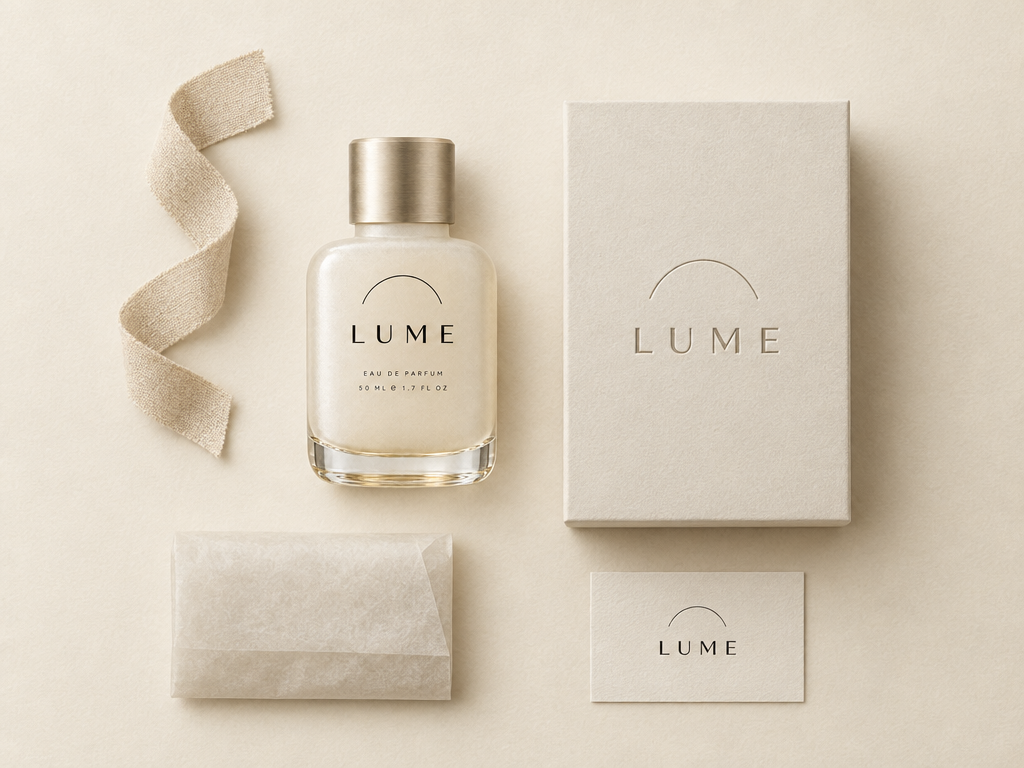 Use this exact LUME bottle as the product, keeping its glass, champagne cap, arc glyph and typography identical.

Overhead flat-lay on a warm cream paper sweep: the LUME bottle lying beside its rigid packaging box — a matte alabaster carton with the same engraved arc glyph and "LUME" wordmark debossed on the lid — plus a strip of unbleached ribbon, a folded sheet of glassine and a small card. Everything arranged on a loose grid with generous negative space between objects.

Soft diffused overhead light, delicate contact shadows, subtle paper and board texture. Photorealistic packaging photography, calm and expensive. Only "LUME" appears as text on the box.

Render this exact on-image copy verbatim, with no spelling, wording, punctuation, or capitalization changes:
- LUME