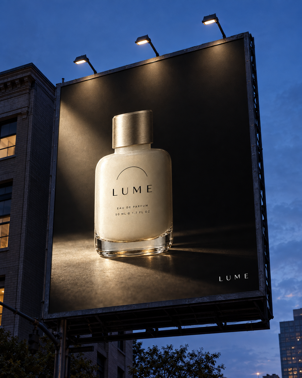Use this exact LUME bottle as the product, keeping its glass, champagne cap, arc glyph and typography identical.

Photograph a large outdoor billboard at dusk on a quiet city corner. The billboard artwork is a full-bleed low-key photograph of the LUME bottle lit from one side against deep shadow, with the word "LUME" set small and letterspaced in white in the lower right corner.

Show the billboard's steel frame, its raking floodlights, a sliver of the building beside it and blue-hour sky above. Slight vignetting, real photographic perspective looking up. Photorealistic street photography. Only the word "LUME" appears.

Render this exact on-image copy verbatim, with no spelling, wording, punctuation, or capitalization changes:
- LUME